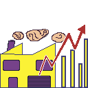 A yellow Pixel art factory pumping out smoke and a profit graph