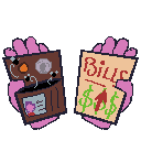 Two Hands held out: in the left is an empty wallet with flies leaving the folds. in the right is a paper marked 'BILL' with dollar signs and an upwards arrow