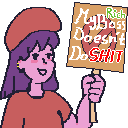 Pixel art of a protestor in a red beret and shirt holding a sign that says 'My Rich Boss Doesn't Do Shit'.